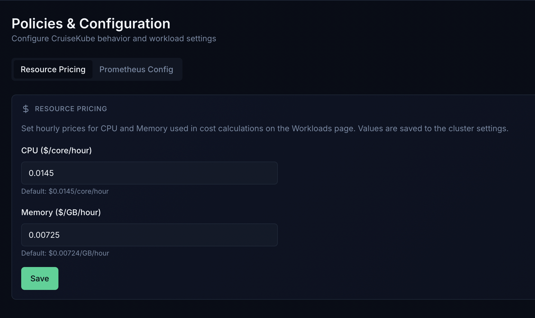 Resource pricing settings in Policies & Configuration