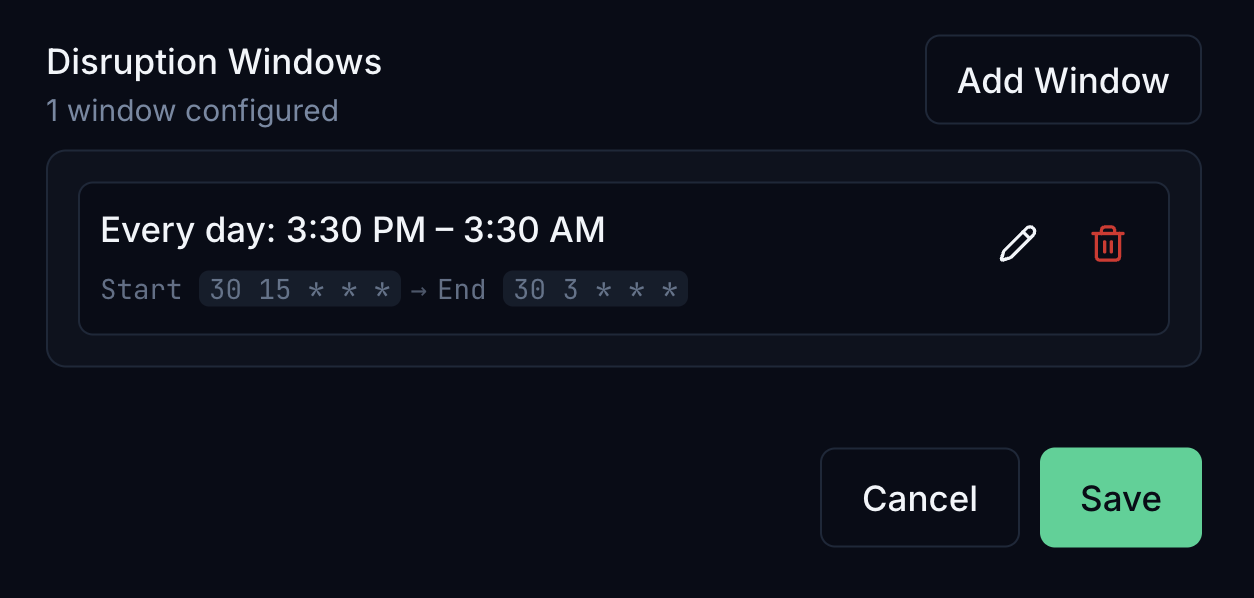 Disruption window builder with schedule and UTC summary