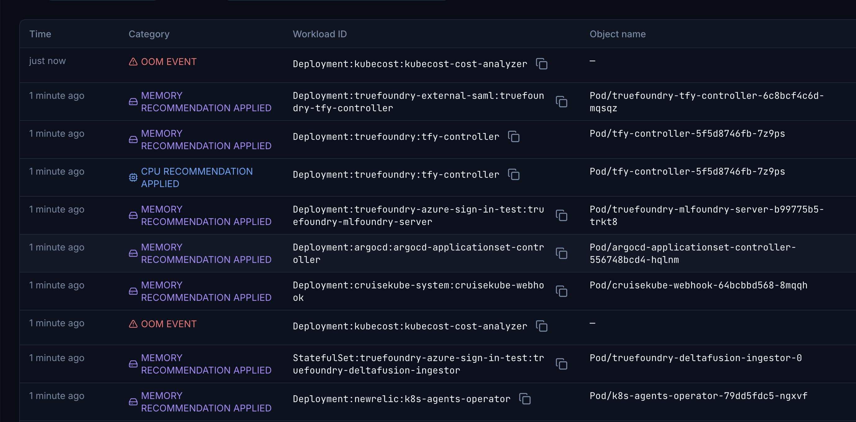 Events view: audit log of recommendations and configuration changes