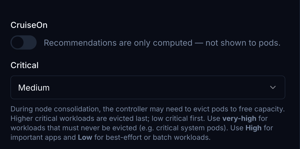 Policies and configuration: CruiseKube mode, priority, and safety settings